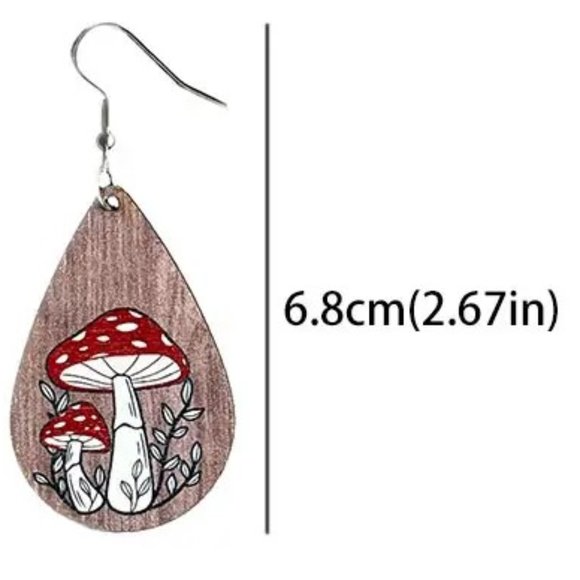 Mushroom Wood Earrings Dangle Tear Drop Hippie Boho Painted Wonderland Trippy - Picture 2 of 2